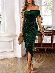 Off Shoulder Velvet Ruched Slit Midi Bodycon Dress