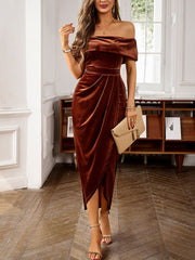 Off Shoulder Velvet Ruched Slit Midi Bodycon Dress