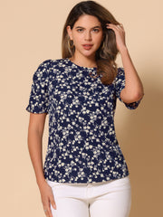 Floral Crew Neck Ruched Sleeve Casual Blouse