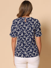 Floral Crew Neck Ruched Sleeve Casual Blouse