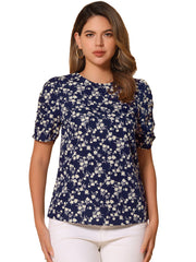 Floral Crew Neck Ruched Sleeve Casual Blouse