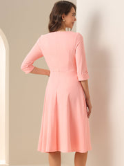 3/4 Sleeve Boat Neck Solid Color A-Line Midi Dress