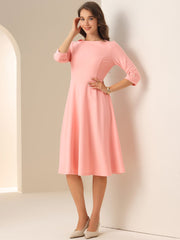 3/4 Sleeve Boat Neck Solid Color A-Line Midi Dress