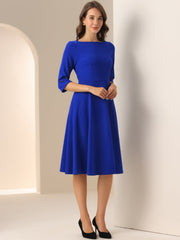 3/4 Sleeve Boat Neck Solid Color A-Line Midi Dress