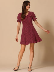 Gingham Checks Ruffled Peter Pan Collar 1960s Vintage Mini Dress