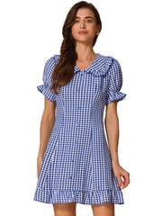 Gingham Checks Ruffled Peter Pan Collar 1960s Vintage Mini Dress