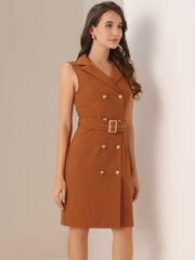 Sleeveless Notched Lapel Double Breasted Belted Office Blazer Dress