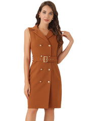 Sleeveless Notched Lapel Double Breasted Belted Office Blazer Dress