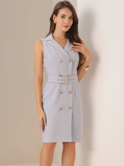Sleeveless Notched Lapel Double Breasted Belted Office Blazer Dress