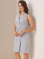 Sleeveless Notched Lapel Double Breasted Belted Office Blazer Dress