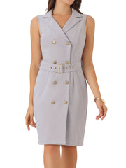 Sleeveless Notched Lapel Double Breasted Belted Office Blazer Dress