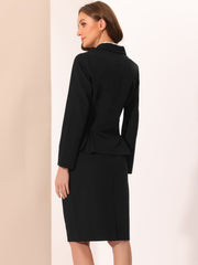 2 Piece Long Sleeve Notched Lapel Peplum Blazer Pencil Skirt Suit Set