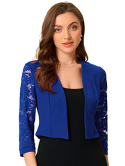 Lace Panel Open Front Long Sleeve Work Office Crop Bolero Shrug