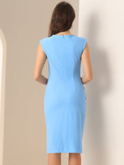 Round Neck Cap Sleeves Ruched Button Decor Midi Sheath Dress