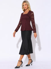 Lace Square Neck Long Sleeve Stertch Peplum Blouse