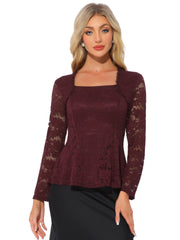 Lace Square Neck Long Sleeve Stertch Peplum Blouse