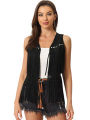 Fringe Open Front 70s Outfits Faux Suede Tassel Vest