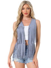 Fringe Open Front 70s Outfits Faux Suede Tassel Vest