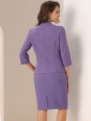 2 Pieces Collarless 3/4 Sleeves Blazer and Pencil Skirt Office Work Business Suit Set