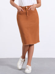 Casual High Waist Back Slit Stretch Denim Midi Jean Skirt