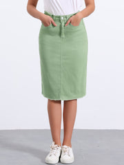 Casual High Waist Back Slit Stretch Denim Midi Jean Skirt