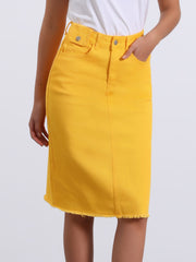 Casual High Waist Back Slit Stretch Denim Midi Jean Skirt