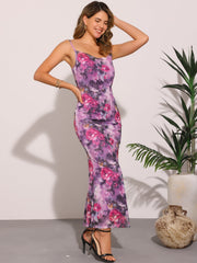 Spaghetti Strap Mesh Floral Sleeveless Bodycon Cocktail Maxi Dress Sundress