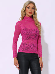 See Through Long Sleeve Turtleneck Sheer Floral Lace Blouse
