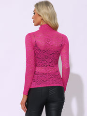 See Through Long Sleeve Turtleneck Sheer Floral Lace Blouse