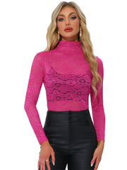 See Through Long Sleeve Turtleneck Sheer Floral Lace Blouse