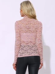 See Through Long Sleeve Turtleneck Sheer Floral Lace Blouse