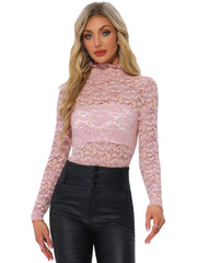 See Through Long Sleeve Turtleneck Sheer Floral Lace Blouse
