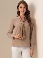 Long Sleeve Chiffon Pleated Tie Neck Office Blouse