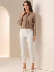 Long Sleeve Chiffon Pleated Tie Neck Office Blouse