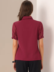 Button Down Shirt Sheer Short Sleeve Point Collar Work Tops