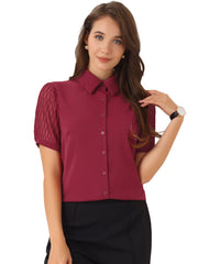 Button Down Shirt Sheer Short Sleeve Point Collar Work Tops