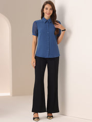 Button Down Shirt Sheer Short Sleeve Point Collar Work Tops