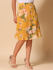 Floral Ruffle Elastic High Waist Button Flowy Split Midi Skirt
