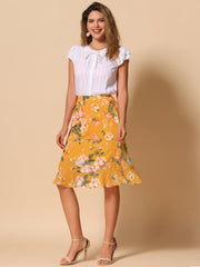 Floral Ruffle Elastic High Waist Button Flowy Split Midi Skirt