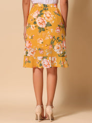 Floral Ruffle Elastic High Waist Button Flowy Split Midi Skirt