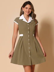 Retro Button Down Flat Collar Belted Office Mini Shirt Dress