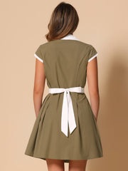 Retro Button Down Flat Collar Belted Office Mini Shirt Dress