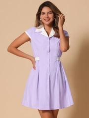Retro Button Down Flat Collar Belted Office Mini Shirt Dress