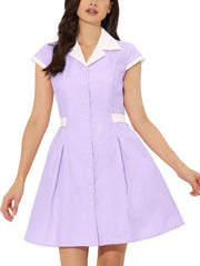 Retro Button Down Flat Collar Belted Office Mini Shirt Dress
