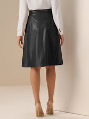 Faux Leather Belted A-Line High Waist Midi Skirt