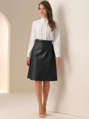 Faux Leather Belted A-Line High Waist Midi Skirt