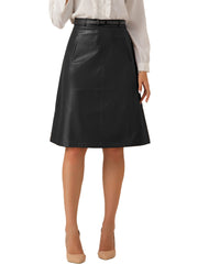 Faux Leather Belted A-Line High Waist Midi Skirt