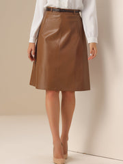 Faux Leather Belted A-Line High Waist Midi Skirt