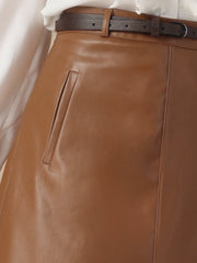 Faux Leather Belted A-Line High Waist Midi Skirt