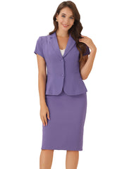 2 Piece Short Sleeve Notched Lapel Blazer Jacket & Pencil Midi Skirt Suit Set